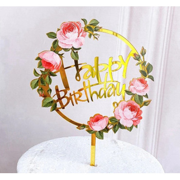 Akrylowy topper na tort Flowers Happy Birthday 1350