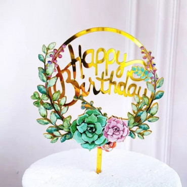 Akrylowy topper na tort Flowers Happy Birthday 1370
