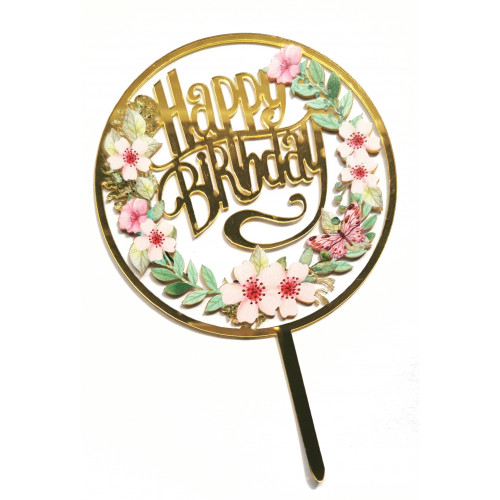 Akrylowy topper na tort Flowers Happy Birthday 1510
