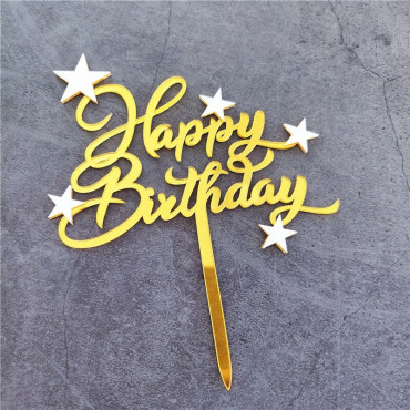 Akrylowy topper na tort HAPPY BIRTHDAY złoty z gwiazdkami 9139