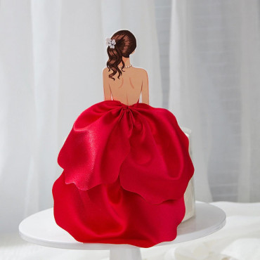 Topper na tort Dziewczyna Kobieta w atłasowej sukni Czerwona 10233