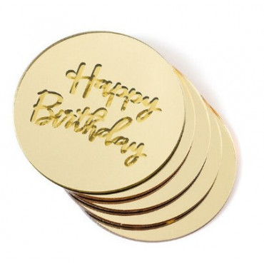 Akrylowe Plakietki okrągłe Happy Birthday Złote 5szt do dekoracji babeczek deserów 10378