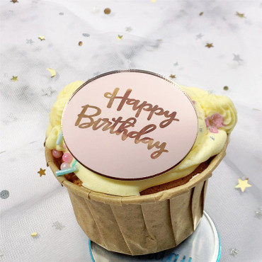 Akrylowe Plakietki okrągłe Happy Birthday Rose Gold 5szt do dekoracji babeczek deserów 10380
