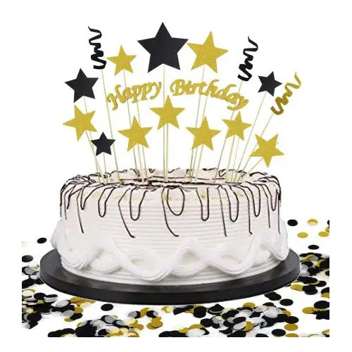 Toppery brokatowe do dekoracji tortu złoto czarne Happy Birthday 13sztuk 10915