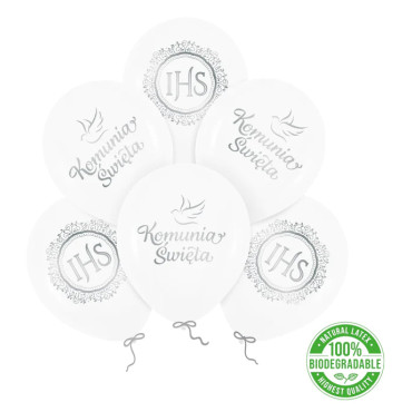 Balony komunijne biodegradowalne srebrne Komunia Święta IHS 6szt PP132180