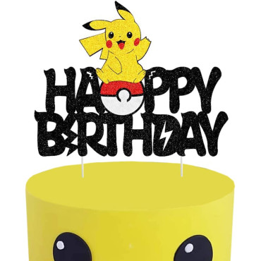 Topper brokatowy urodzinowy na tort Pokemon Pikachu Happy Birthday 11449