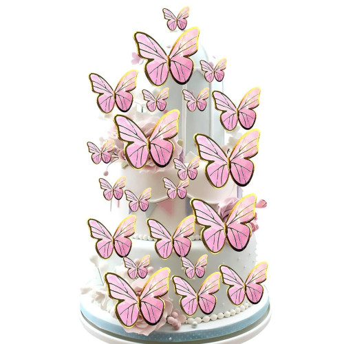 Toppery na tort Motyle różowe ze złotą lamówką 11szt 11637