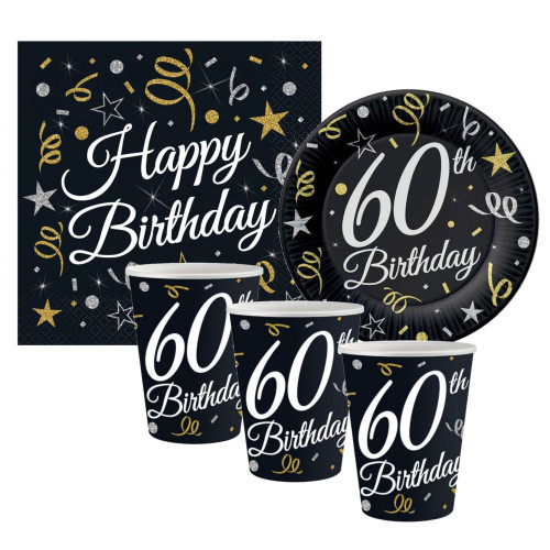 Zestaw urodzinowy "Happy 60" Talerzyki kubki serwetki komplet 32sztuki 11686