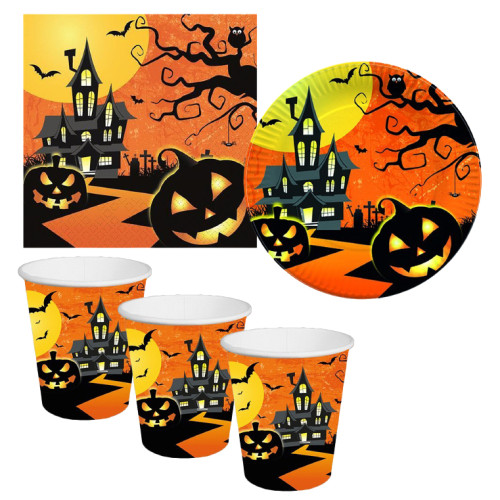 Zestaw na Halloween Talerzyki kubeczki serwetki papierowe Nawiedzony Dom 40 sztuk 11707