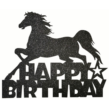 Topper dwustronny brokatowy na tort Czarny Koń Happy Birthday 11853