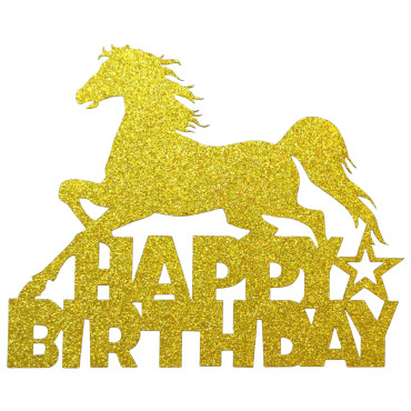 Topper dwustronny brokatowy na tort Złoty Koń Happy Birthday 11854