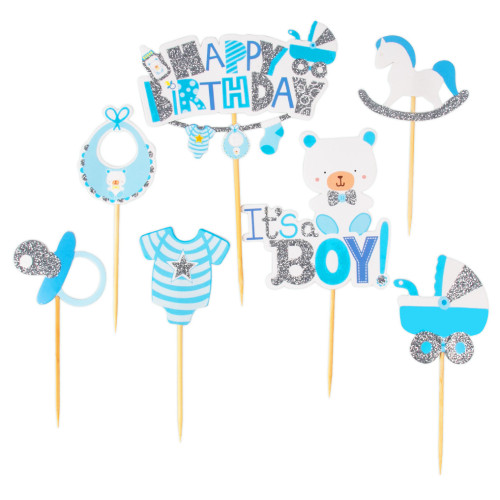 Toppery brokatowe do dekoracji wypieków Boy Urodziny Baby Shower 7szt 11914