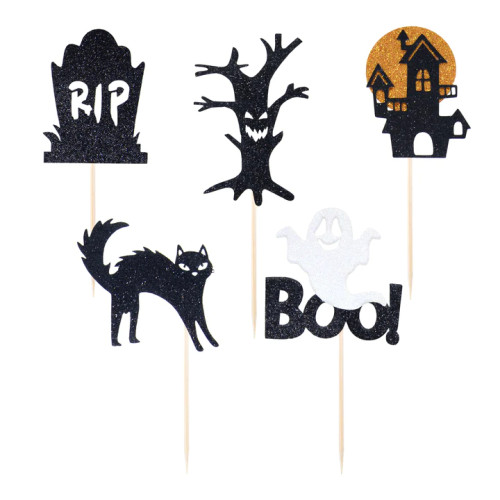 Toppery brokatowe do dekoracji wypieków babeczek Halloween Boo 5sztuk PP138533
