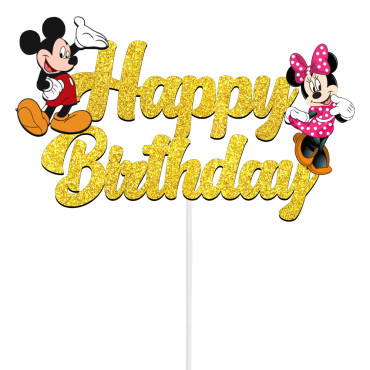 Topper brokatowy na tort Myszka Minnie i Miki Happy Birthday 12194