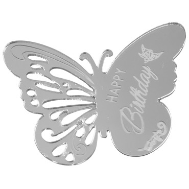 Akrylowe Motyle z napisem Happy Birthday Srebrne 5szt do dekoracji babeczek deserów 12930