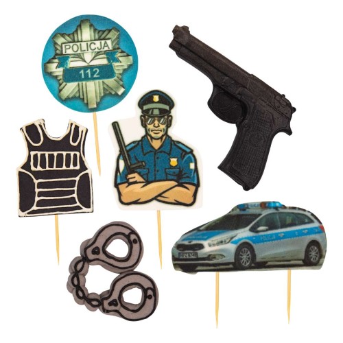 Zestaw dekoracji cukrowych Policjant 2D topper na tort 6szt DIT-10634