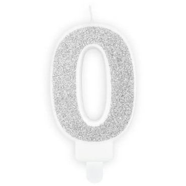 Świeczka urodzinowa brokatowa Srebrna "0" Party Deco SCU3-0-018B