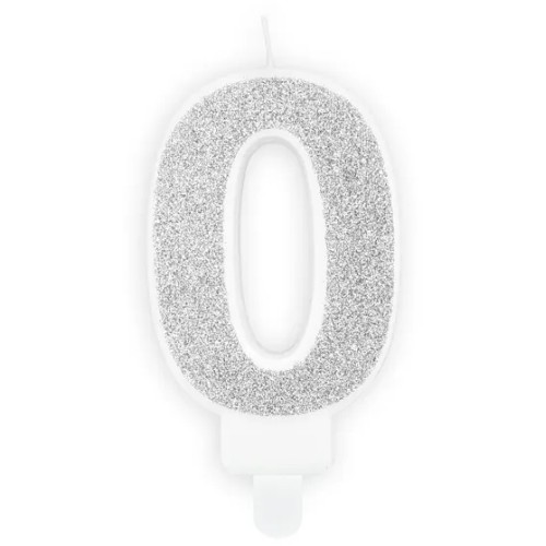 Świeczka urodzinowa brokatowa Srebrna "0" Party Deco SCU3-0-018B