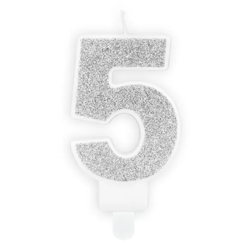 Świeczka urodzinowa brokatowa Srebrna "5" Party Deco SCU3-5-018B