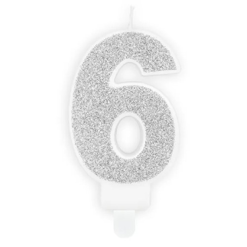 Świeczka urodzinowa brokatowa Srebrna "6" Party Deco SCU3-6-018B