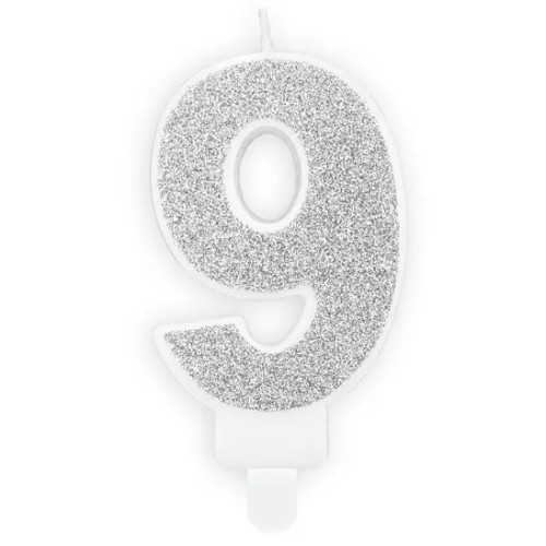 Świeczka urodzinowa brokatowa Srebrna "9" Party Deco SCU3-9-018B