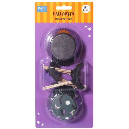 PME Papilotki do pieczenia babeczek foliowane z pikerami Nietoperze Halloween 48szt HW24CUT035