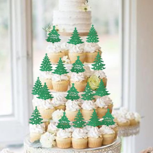 Toppery brokatowe do dekoracji babeczek Choinki mix 12szt 13488