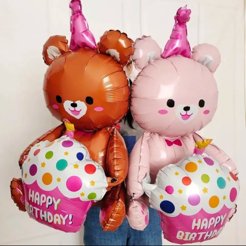 Balon foliowy Miś Różowy z babeczką Happy Birthday