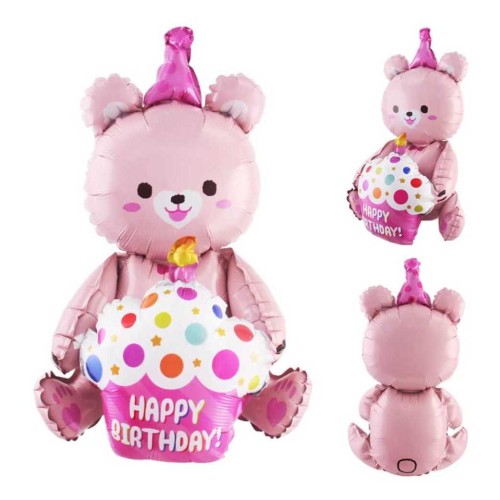 Balon foliowy Miś Różowy z babeczką Happy Birthday