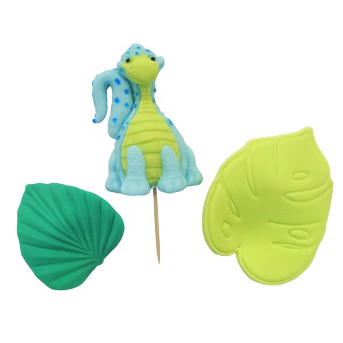 Figurki cukrowe na tort Niebieski Dinozaur i liście 13759