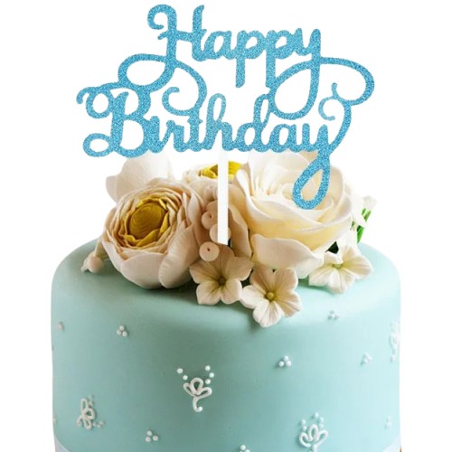 Topper na tort Brokatowy Happy Birthday Niebieski 13842