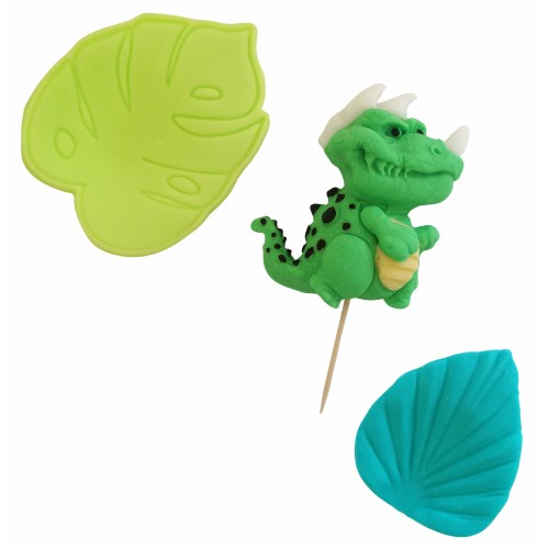 Figurki cukrowe na tort zielony Dinozaur i liście 14356