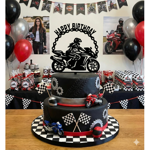 Topper do dekoracji wypieków Motor Chopper Harley Kobieta na motorze Happy Birthday 12957