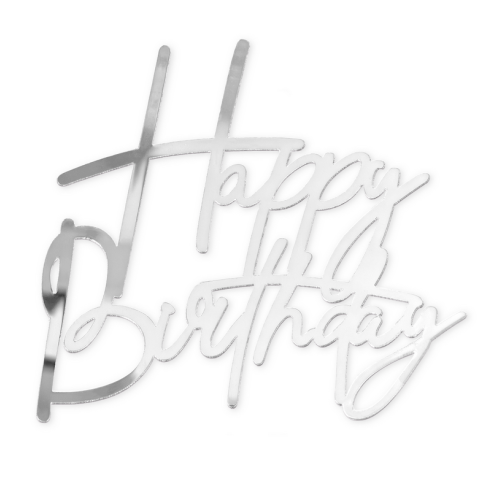 Topper na bok tortu do dekoracji wypieków srebrny Happy Birthday PP164419