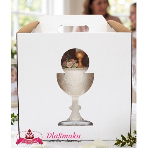 Pudełko na tort wysokie z okienkiem na Komunię Chrzest  30x30x25cm RP15193