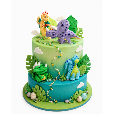 Figurki cukrowe na tort Niebieski Dinozaur i liście 13759